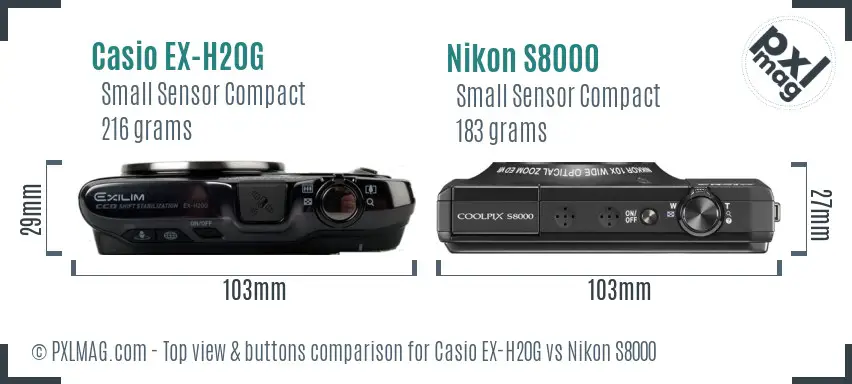 Casio EX-H20G vs Nikon S8000 top view buttons comparison