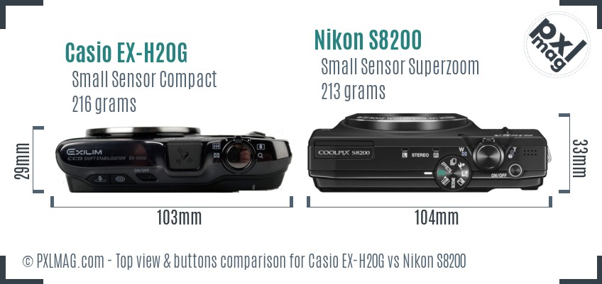 Casio EX-H20G vs Nikon S8200 top view buttons comparison