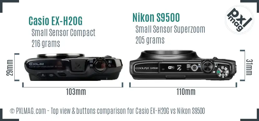 Casio EX-H20G vs Nikon S9500 top view buttons comparison