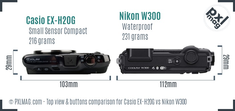 Casio EX-H20G vs Nikon W300 top view buttons comparison