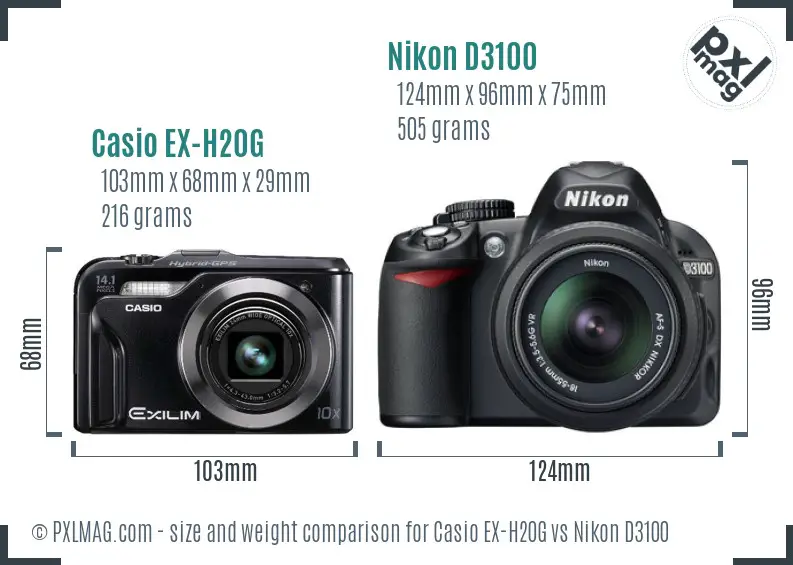 Casio EX-H20G vs Nikon D3100 size comparison