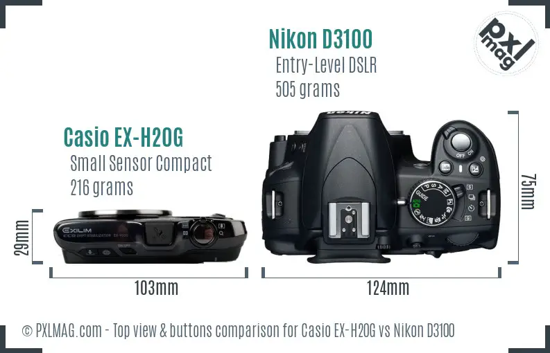 Casio EX-H20G vs Nikon D3100 top view buttons comparison