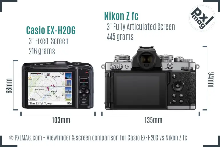 Casio EX-H20G vs Nikon Z fc Screen and Viewfinder comparison