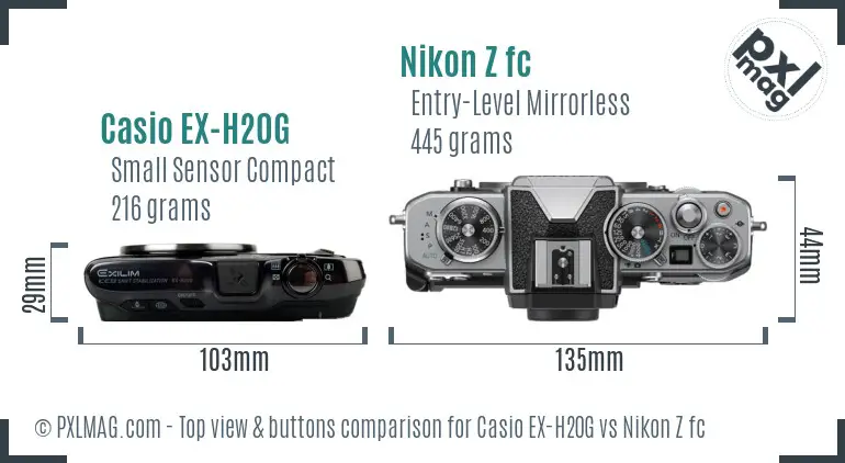 Casio EX-H20G vs Nikon Z fc top view buttons comparison