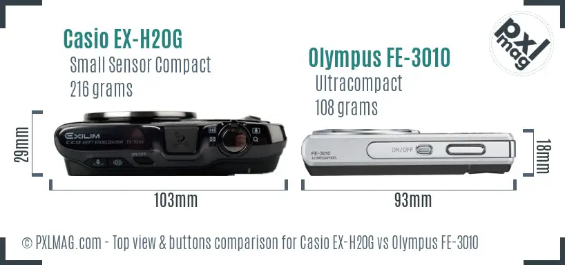 Casio EX-H20G vs Olympus FE-3010 top view buttons comparison