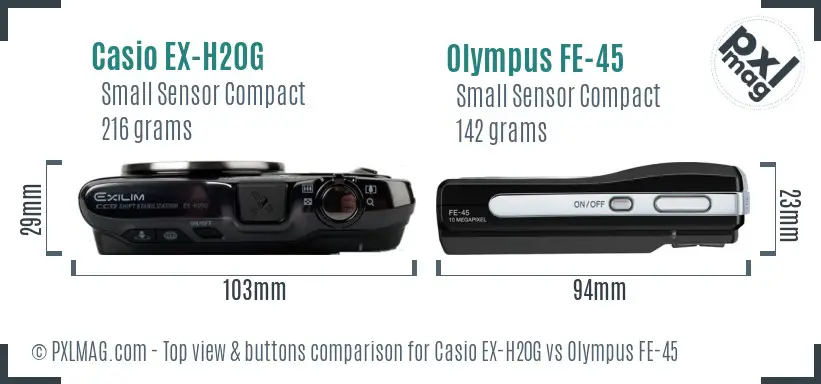 Casio EX-H20G vs Olympus FE-45 top view buttons comparison