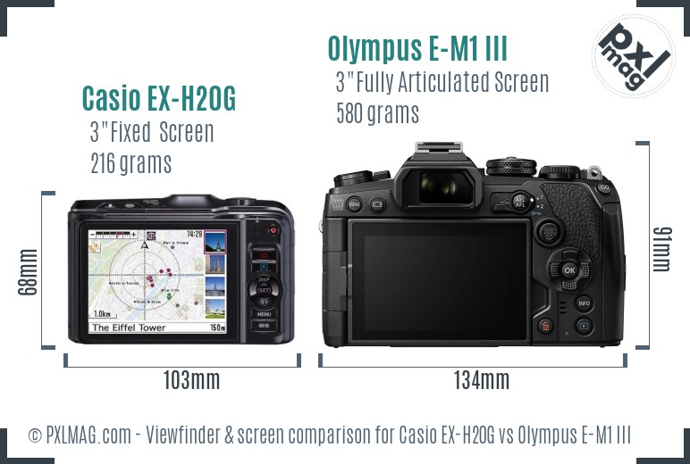 Casio EX-H20G vs Olympus E-M1 III Screen and Viewfinder comparison