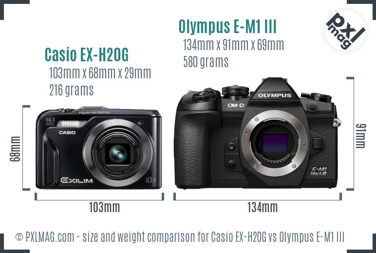 Casio EX-H20G vs Olympus E-M1 III size comparison