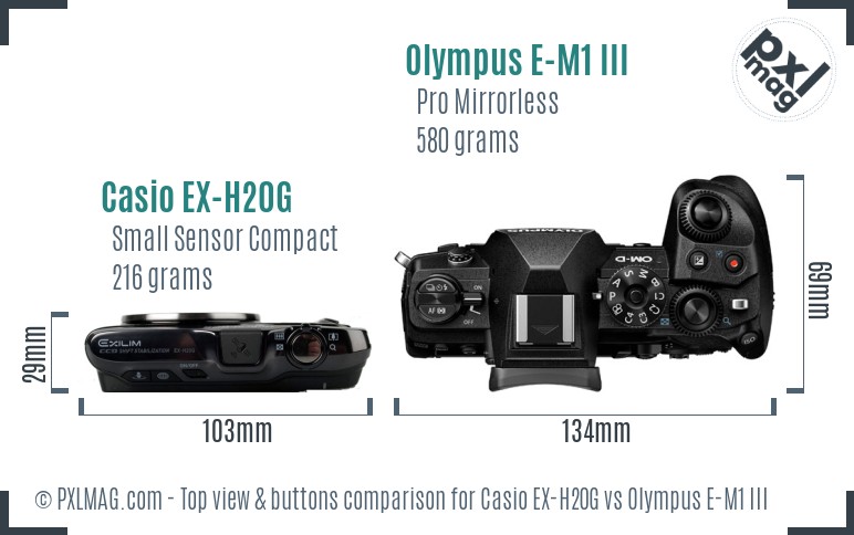 Casio EX-H20G vs Olympus E-M1 III top view buttons comparison