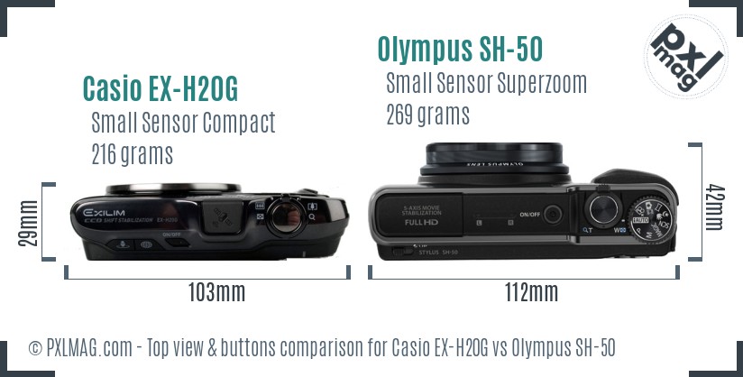 Casio EX-H20G vs Olympus SH-50 top view buttons comparison