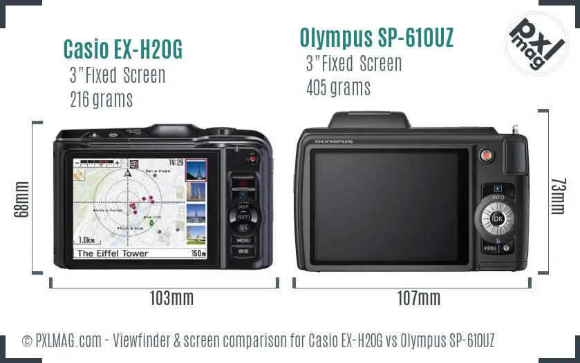 Casio EX-H20G vs Olympus SP-610UZ Screen and Viewfinder comparison
