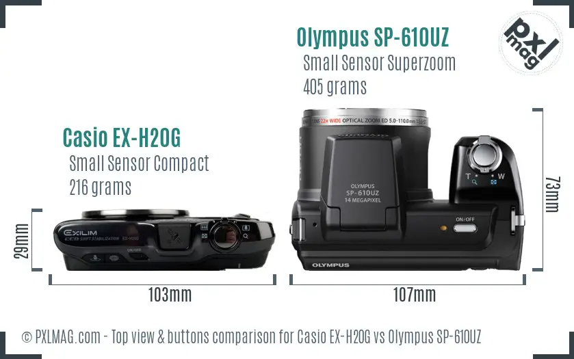 Casio EX-H20G vs Olympus SP-610UZ top view buttons comparison
