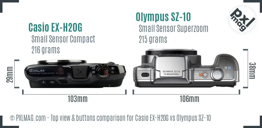 Casio EX-H20G vs Olympus SZ-10 top view buttons comparison Casio EX-H20G vs Olympus SZ-10 top view buttons comparison