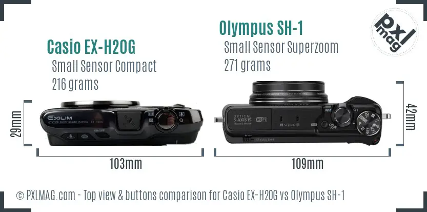 Casio EX-H20G vs Olympus SH-1 top view buttons comparison