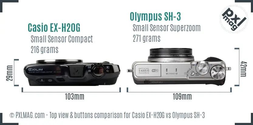 Casio EX-H20G vs Olympus SH-3 top view buttons comparison