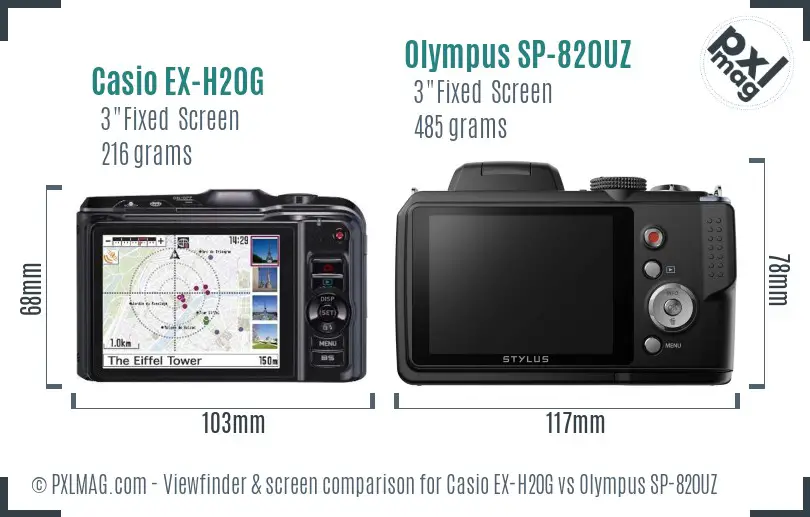 Casio EX-H20G vs Olympus SP-820UZ Screen and Viewfinder comparison