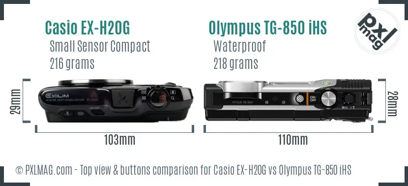 Casio EX-H20G vs Olympus TG-850 iHS top view buttons comparison Casio EX-H20G vs Olympus TG-850 iHS top view buttons comparison