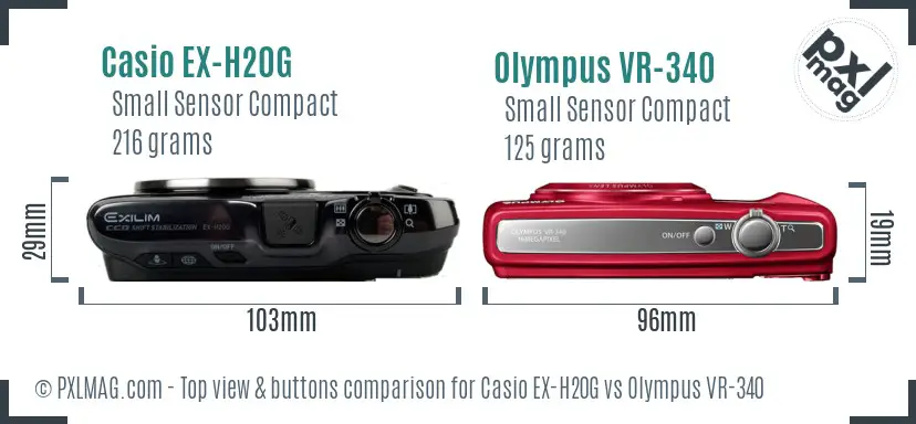 Casio EX-H20G vs Olympus VR-340 top view buttons comparison Casio EX-H20G vs Olympus VR-340 top view buttons comparison