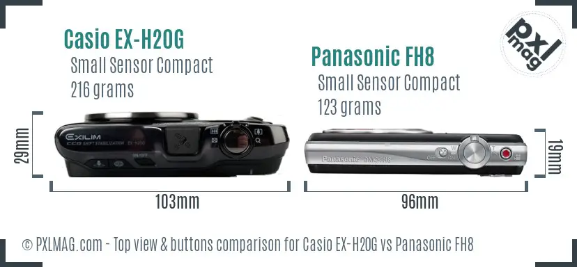 Casio EX-H20G vs Panasonic FH8 top view buttons comparison Casio EX-H20G vs Panasonic FH8 top view buttons comparison