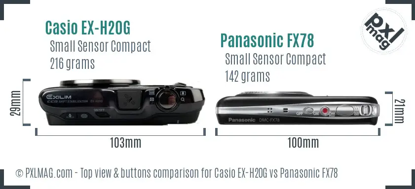 Casio EX-H20G vs Panasonic FX78 top view buttons comparison Casio EX-H20G vs Panasonic FX78 top view buttons comparison