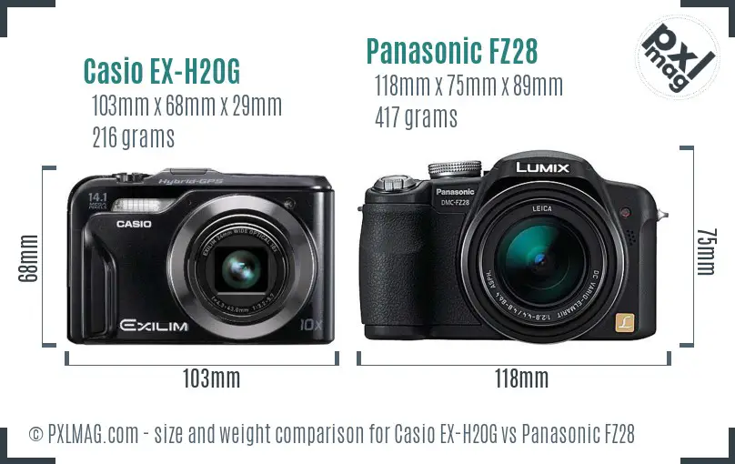 Casio EX-H20G vs Panasonic FZ28 size comparison