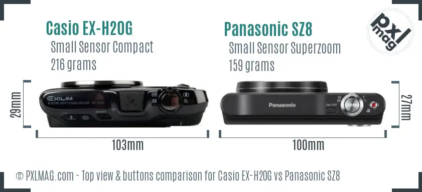 Casio EX-H20G vs Panasonic SZ8 top view buttons comparison Casio EX-H20G vs Panasonic SZ8 top view buttons comparison