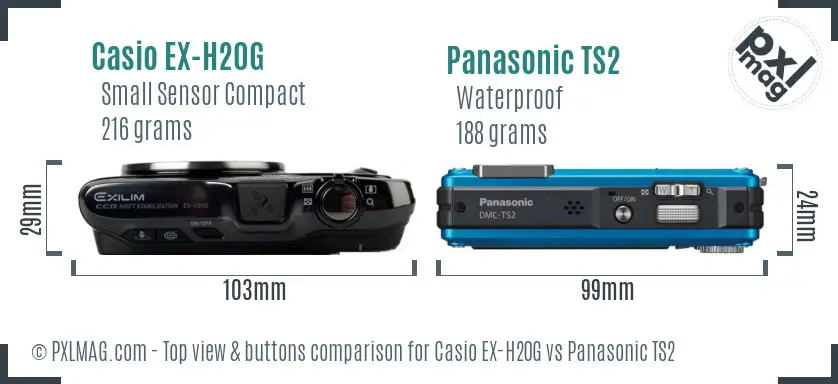 Casio EX-H20G vs Panasonic TS2 top view buttons comparison Casio EX-H20G vs Panasonic TS2 top view buttons comparison