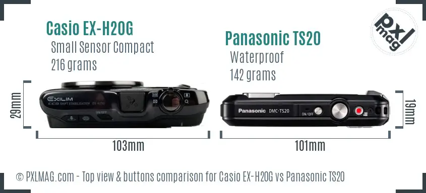 Casio EX-H20G vs Panasonic TS20 top view buttons comparison Casio EX-H20G vs Panasonic TS20 top view buttons comparison