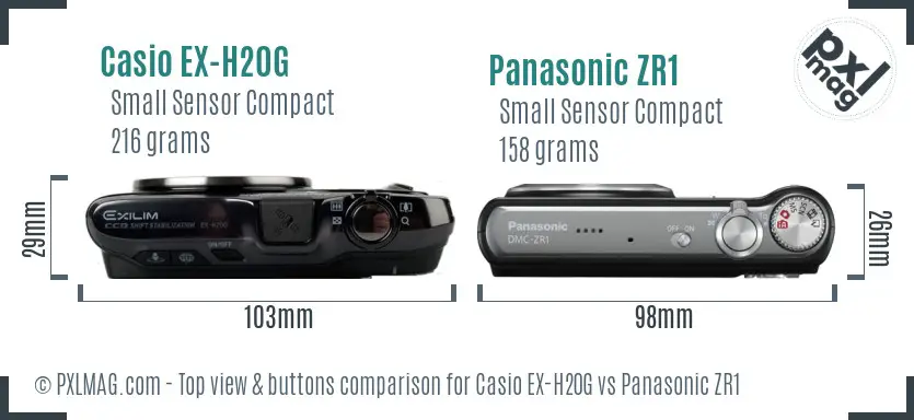 Casio EX-H20G vs Panasonic ZR1 top view buttons comparison Casio EX-H20G vs Panasonic ZR1 top view buttons comparison