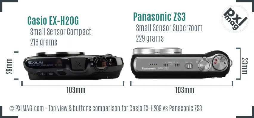 Casio EX-H20G vs Panasonic ZS3 top view buttons comparison Casio EX-H20G vs Panasonic ZS3 top view buttons comparison