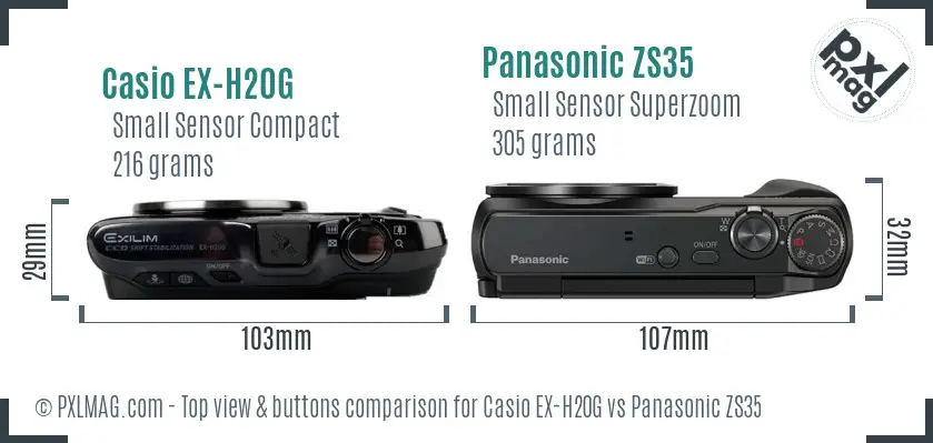 Casio EX-H20G vs Panasonic ZS35 top view buttons comparison Casio EX-H20G vs Panasonic ZS35 top view buttons comparison