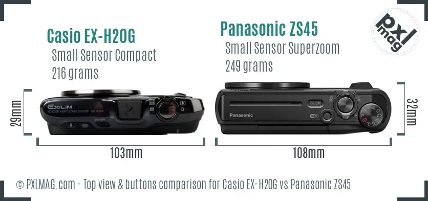 Casio EX-H20G vs Panasonic ZS45 top view buttons comparison Casio EX-H20G vs Panasonic ZS45 top view buttons comparison