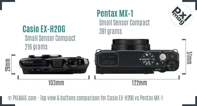 Casio EX-H20G vs Pentax MX-1 top view buttons comparison