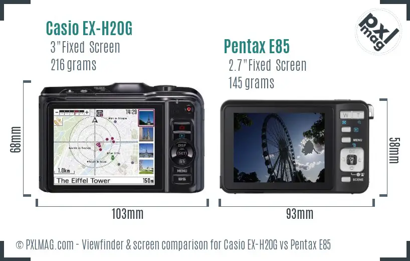Casio EX-H20G vs Pentax E85 Screen and Viewfinder comparison