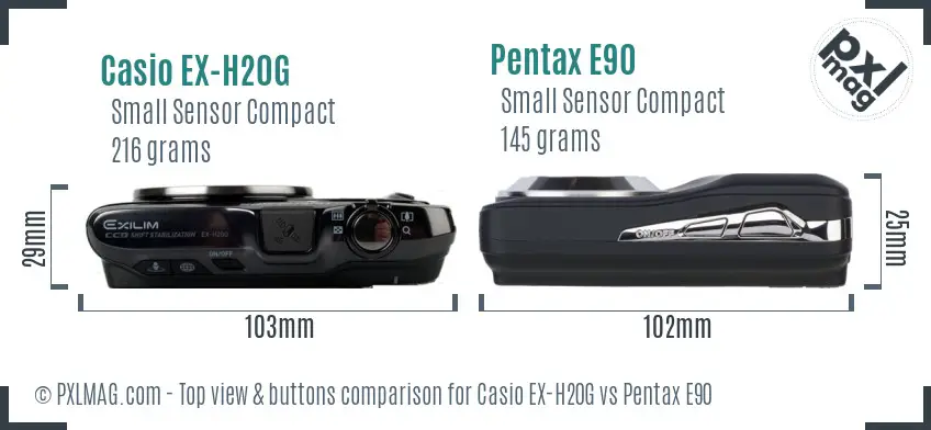 Casio EX-H20G vs Pentax E90 top view buttons comparison