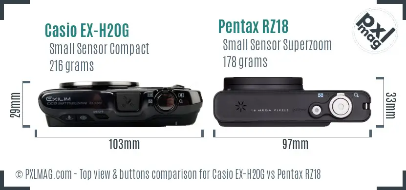 Casio EX-H20G vs Pentax RZ18 top view buttons comparison Casio EX-H20G vs Pentax RZ18 top view buttons comparison