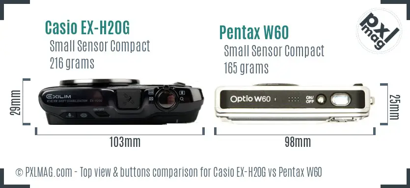 Casio EX-H20G vs Pentax W60 top view buttons comparison Casio EX-H20G vs Pentax W60 top view buttons comparison