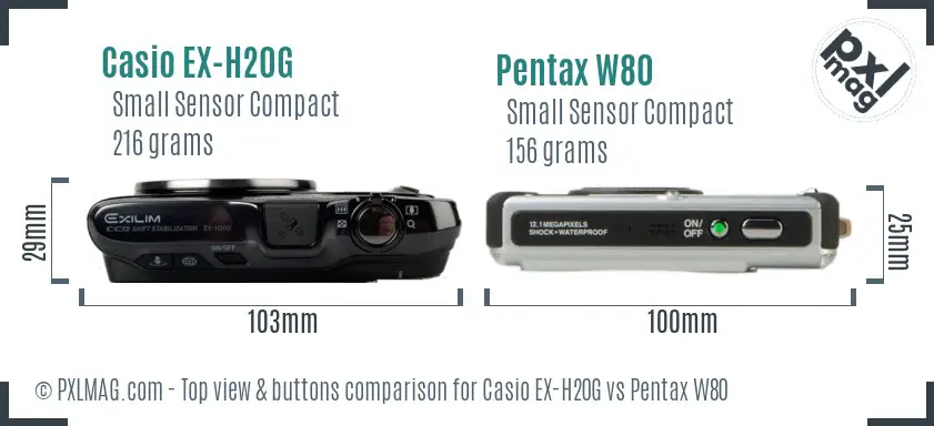 Casio EX-H20G vs Pentax W80 top view buttons comparison Casio EX-H20G vs Pentax W80 top view buttons comparison