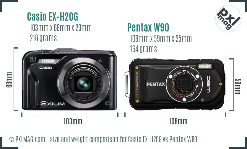 Casio EX-H20G vs Pentax W90 size comparison