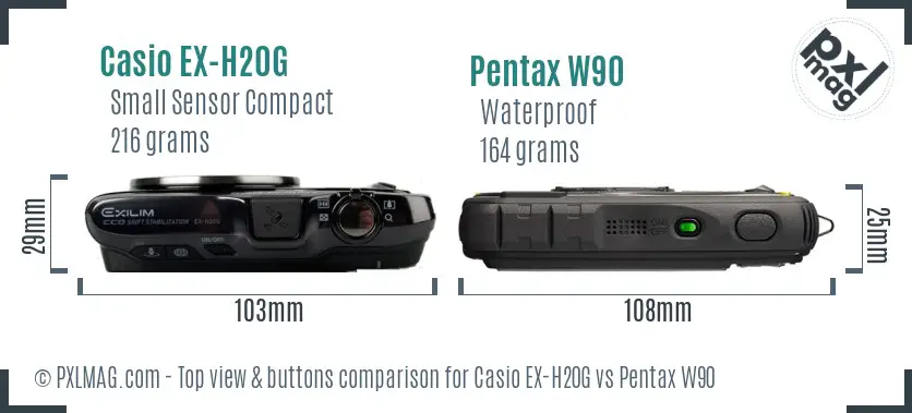 Casio EX-H20G vs Pentax W90 top view buttons comparison