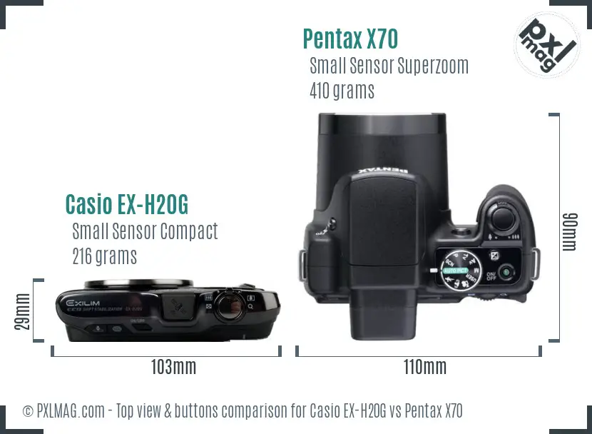 Casio EX-H20G vs Pentax X70 top view buttons comparison