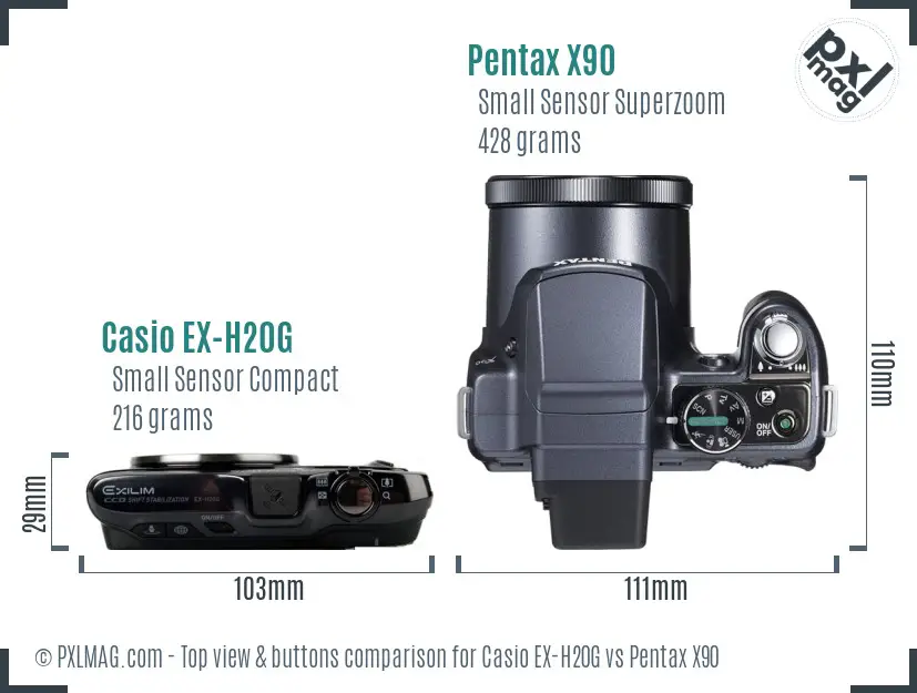 Casio EX-H20G vs Pentax X90 top view buttons comparison