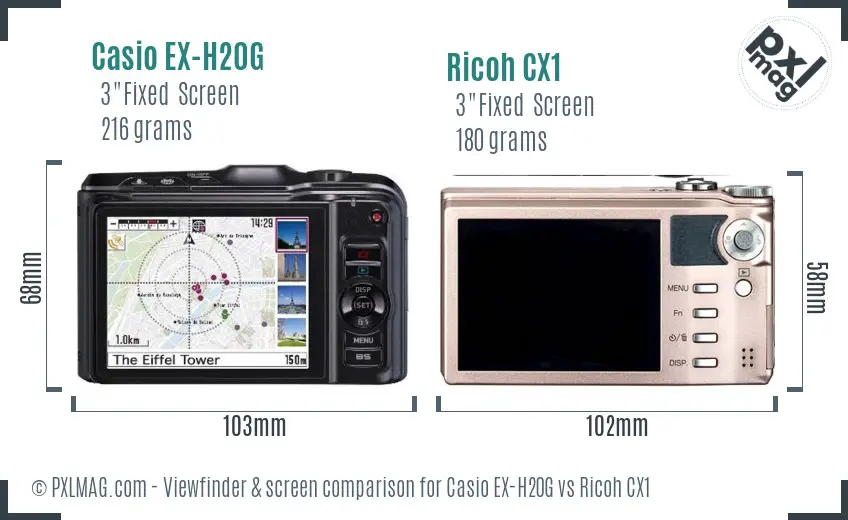 Casio EX-H20G vs Ricoh CX1 Screen and Viewfinder comparison
