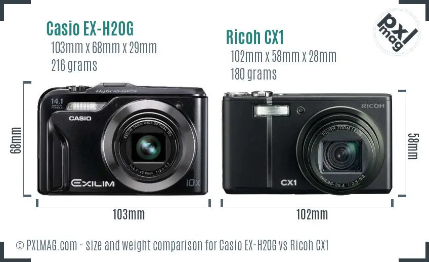Casio EX-H20G vs Ricoh CX1 size comparison