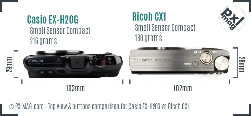 Casio EX-H20G vs Ricoh CX1 top view buttons comparison