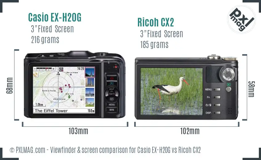 Casio EX-H20G vs Ricoh CX2 Screen and Viewfinder comparison