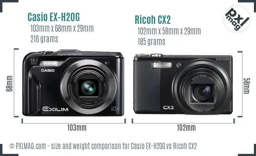 Casio EX-H20G vs Ricoh CX2 size comparison