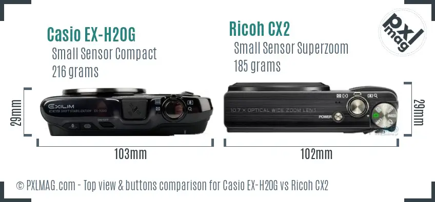 Casio EX-H20G vs Ricoh CX2 top view buttons comparison