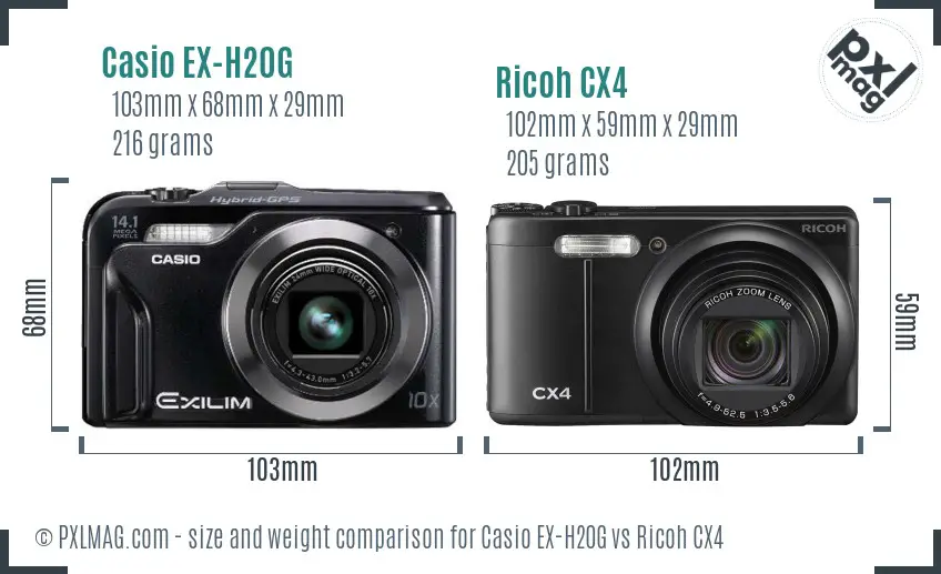Casio EX-H20G vs Ricoh CX4 size comparison