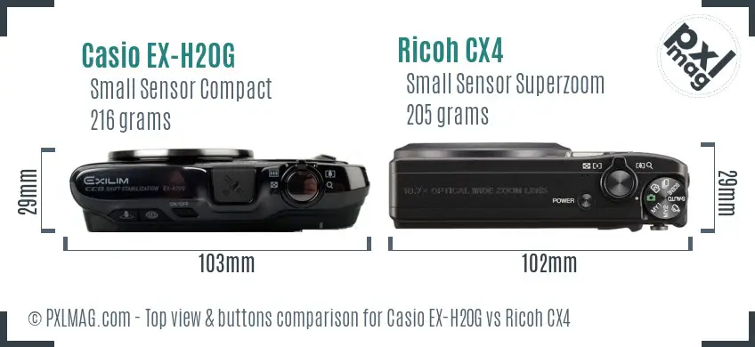 Casio EX-H20G vs Ricoh CX4 top view buttons comparison